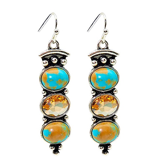 Silver Vintage Handmade Boho Turquoise Dangle Drop Stone Citrine Earrings - Picture 3 of 4